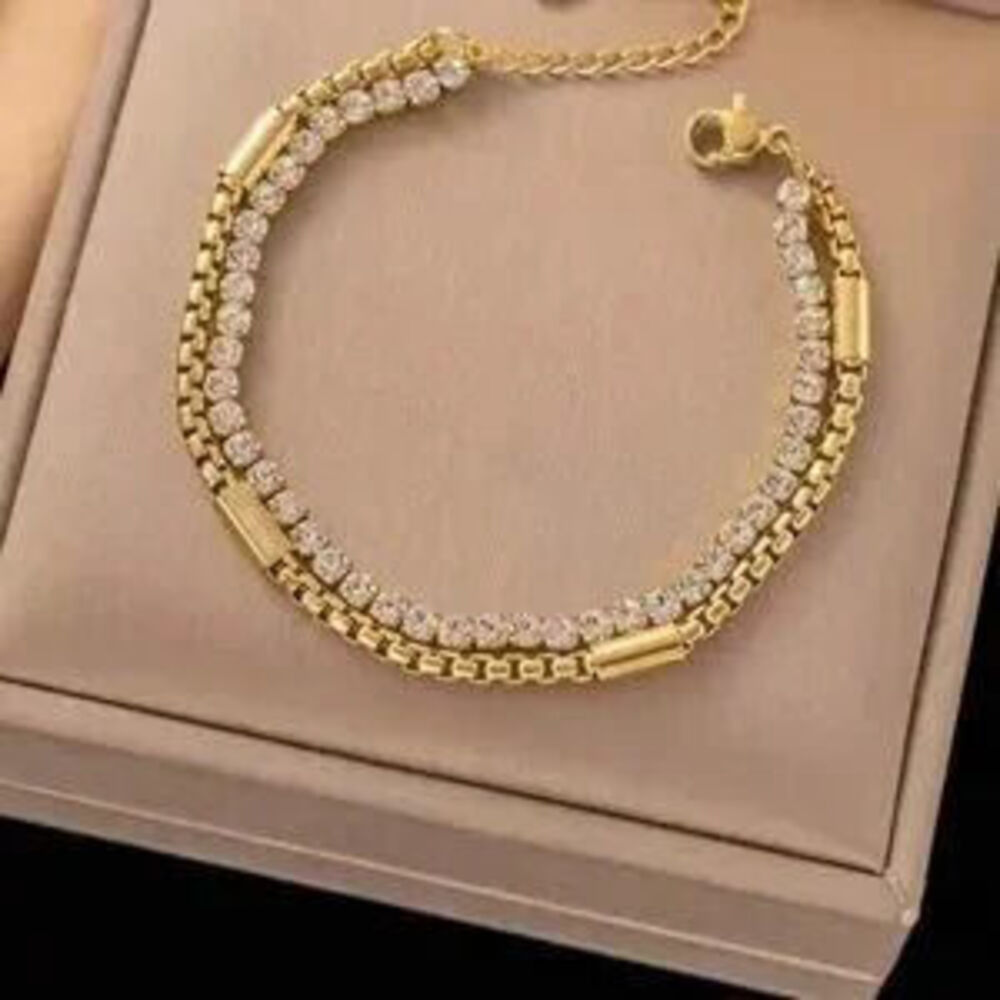 Gold Stainless Steel Double Chain Tennis Bracelet Crystal Link Bracelet Gift